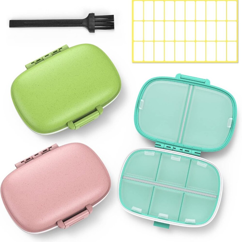 8 Compartment Travel Pill Boxes, 7 Day Pill Organizers, Pack of 3